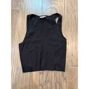 Topshop Black Ribbed V Neck‎ Cropped Tank Top Sleeveless US 2